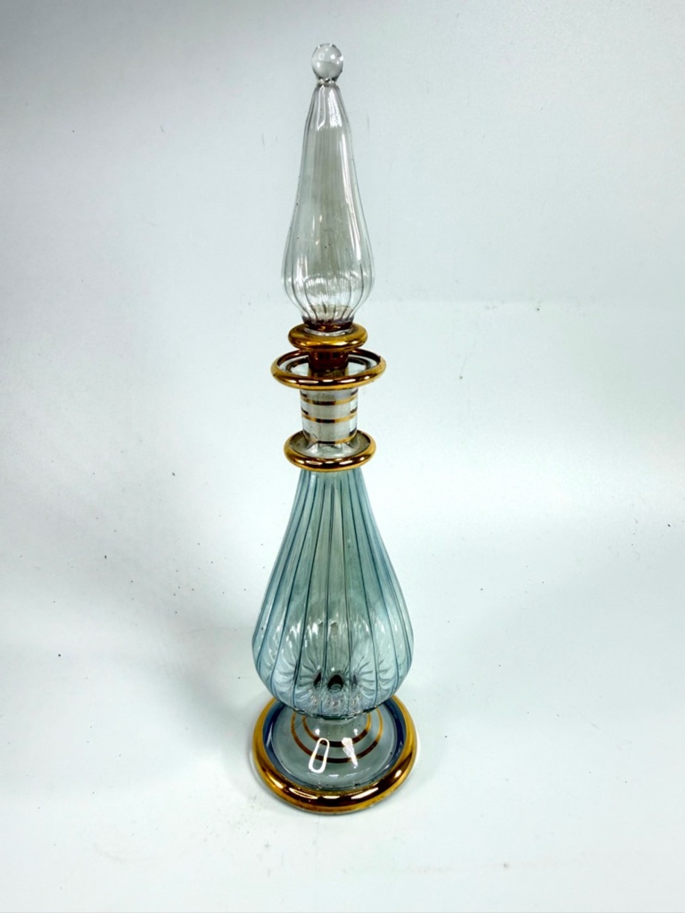 Egyptian Turquoise Green Gold Trim Glass Perfume Bottle Hand Blown Clear Stopper